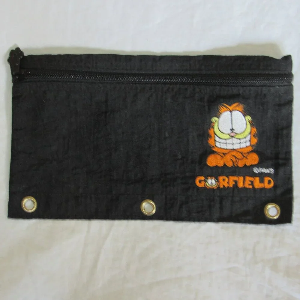 Garfield Fabric Pencil Bag Mead Corp Paws Embroidered Smiley Face Three Ring